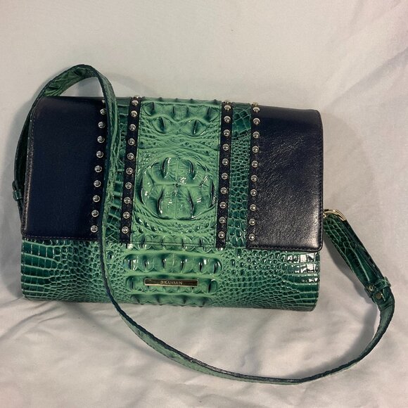 Brahmin Jacquelyn Myrtle Pizzelle Purse, Navy Blue and Green STUNNING - Picture 1 of 15